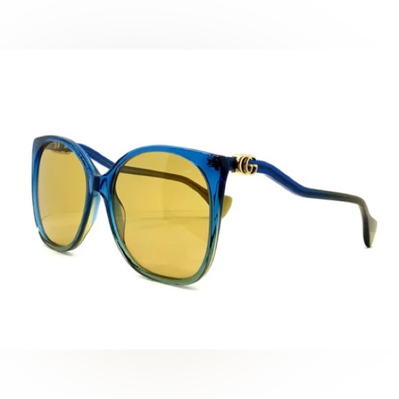 Gucci Oversize Rectangle-Frame Cat Eye Translucent Blue Acetate Sunglasses - Picture 1 of 8